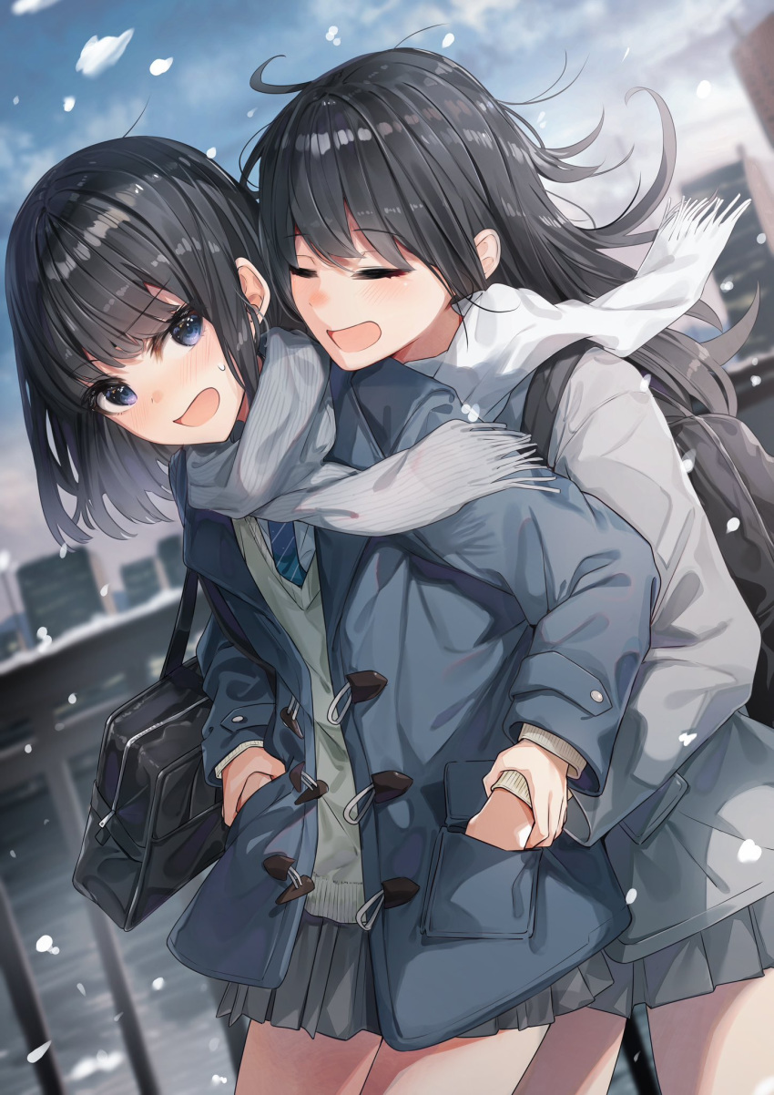 2girls, :d, =_=, bag, black_hair, blue_coat, blue_eyes, blue_necktie