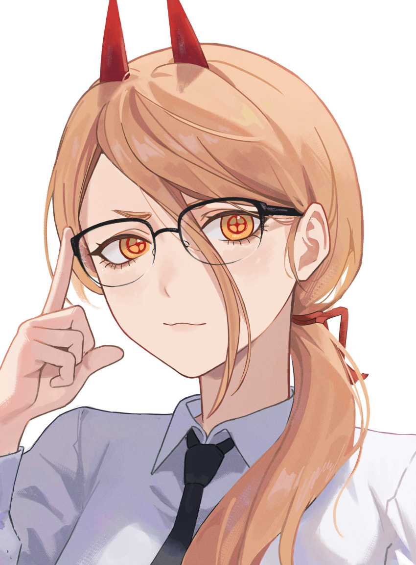 1girl, :3, absurdres, adjusting_eyewear, alternate_hairstyle, bespectacled, black-framed_eyewear, black_necktie, blonde_hair, chainsaw_man, closed_mouth, collared_shirt, commentary, cross-shaped_pupils, glasses, hair_between_eyes, hair_over_shoulder, hand_up, highres, horns, index_finger_raised, long_hair, long_hair_between_eyes, looking_at_viewer, necktie, over-rim_eyewear, ponytail, portrait, power_(chainsaw_man), red_horns, semi-rimless_eyewear, shirt, simple_background, solo, swept_bangs, symbol-shaped_pupils, white_background, white_shirt, yellow_eyes, yuake