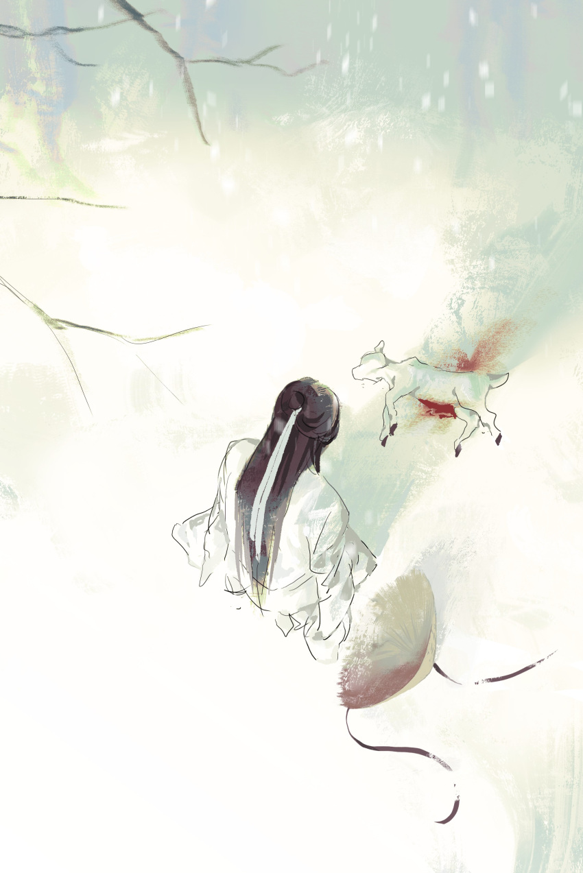 1boy, absurdres, blood, brown_hair, chinese_clothes, dead_animal, from_above, hair_ribbon