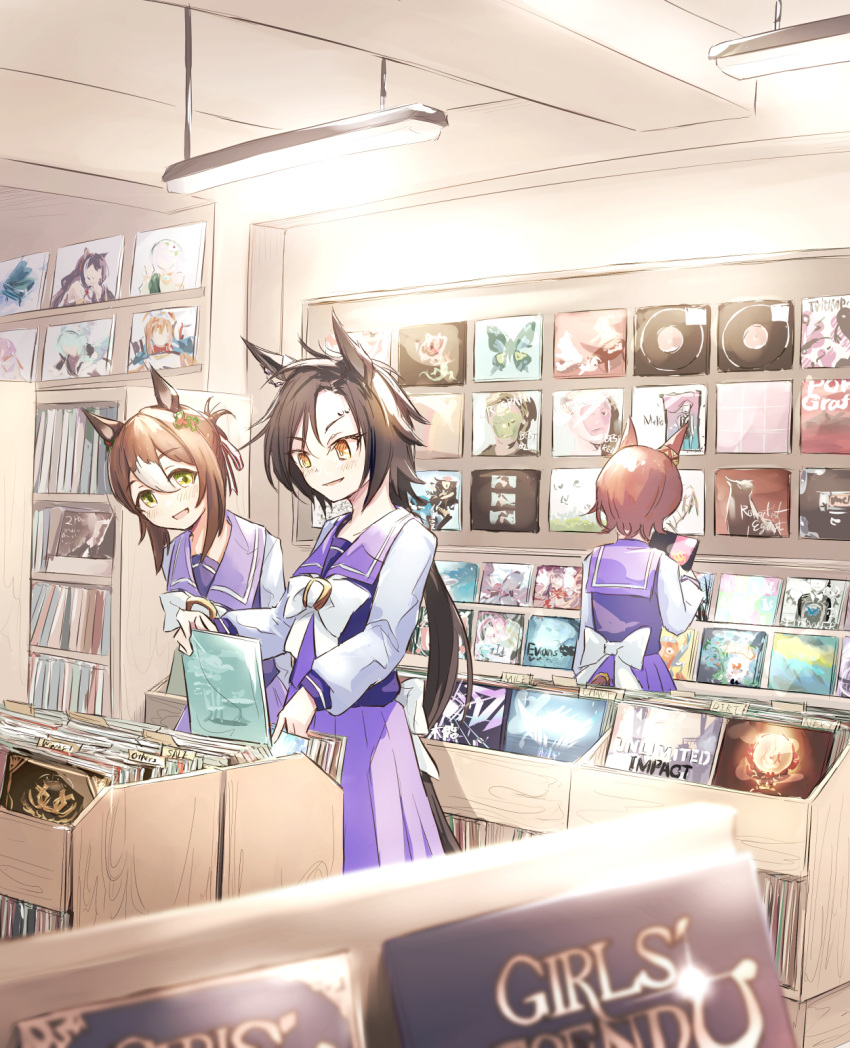 3girls, air_shakur_(umamusume), album_cover, animal_ears, black_hair, bow, bowtie, brown_hair, cover, cygames, eyebrow_piercing, fine_motion_(umamusume), green_eyes, hair_between_eyes, hair_bun, highres, horse_ears, horse_girl, horse_tail, horseshoe_ornament, karyl_(princess_connect!), kokkoro_(princess_connect!), long_hair, long_sleeves, looking_at_another, multicolored_hair, multiple_girls, narita_taishin_(umamusume), pecorine_(princess_connect!), piercing, princess_connect!, purple_sailor_collar, purple_shirt, purple_skirt, sailor_collar, sailor_shirt, school_uniform, shirt, shop, short_hair, single_hair_bun, skirt, smile, tail, tracen_school_uniform, two-tone_hair, umamusume, umekobucha, white_bow, white_bowtie, white_hair, yellow_eyes