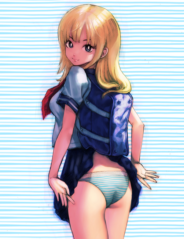 asuka_(kyou_no_asuka_show), backpack, bag, blonde_hair, blue_eyes, boyaking, from_behind, kyou_no_asuka_show, long_hair, looking_back, panties, school_uniform, serafuku, skirt, skirt_caught, skirt_lift, smile, solo, striped, striped_panties, underwear