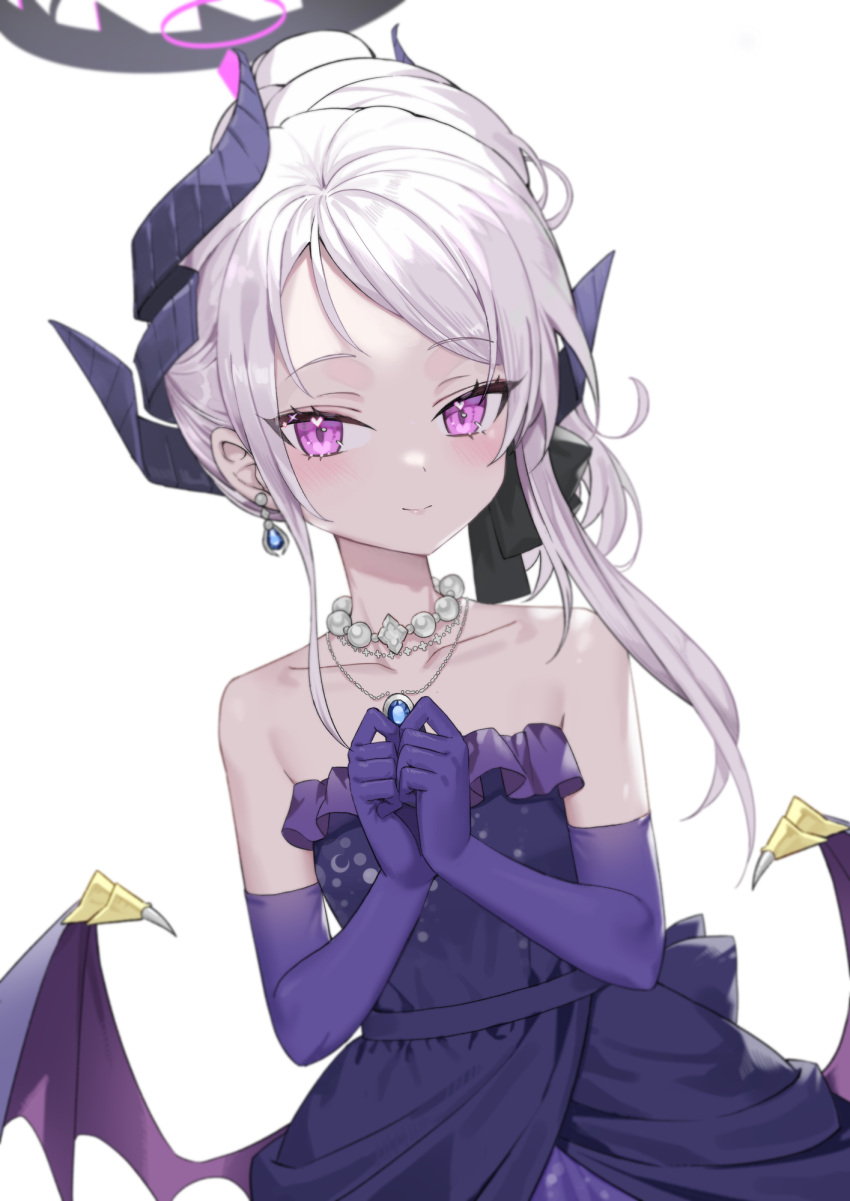 1girl, black_horns, blue_archive, blush, closed_mouth, dangle_earrings, demon_horns, demon_wings