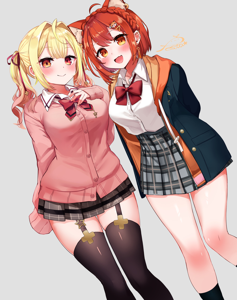 2girls, ahoge, black_socks, black_thighhighs, blonde_hair, blush, bow, bowtie