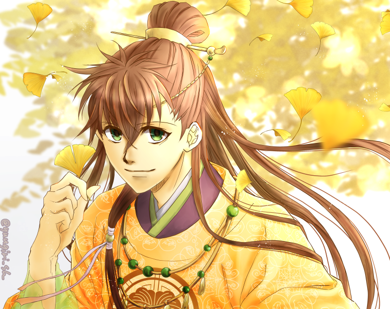 1boy, brown_hair, ginkgo_leaf, green_eyes, hair_ornament, hair_stick, hakuouki_shinsengumi_kitan, japanese_clothes