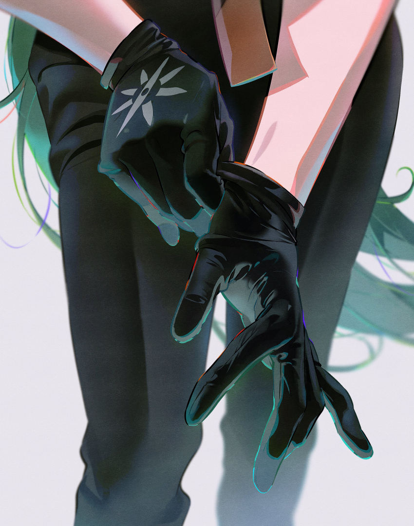1girl, 987645321o, absurdres, black_gloves, black_pants, blurry, commentary, depth_of_field