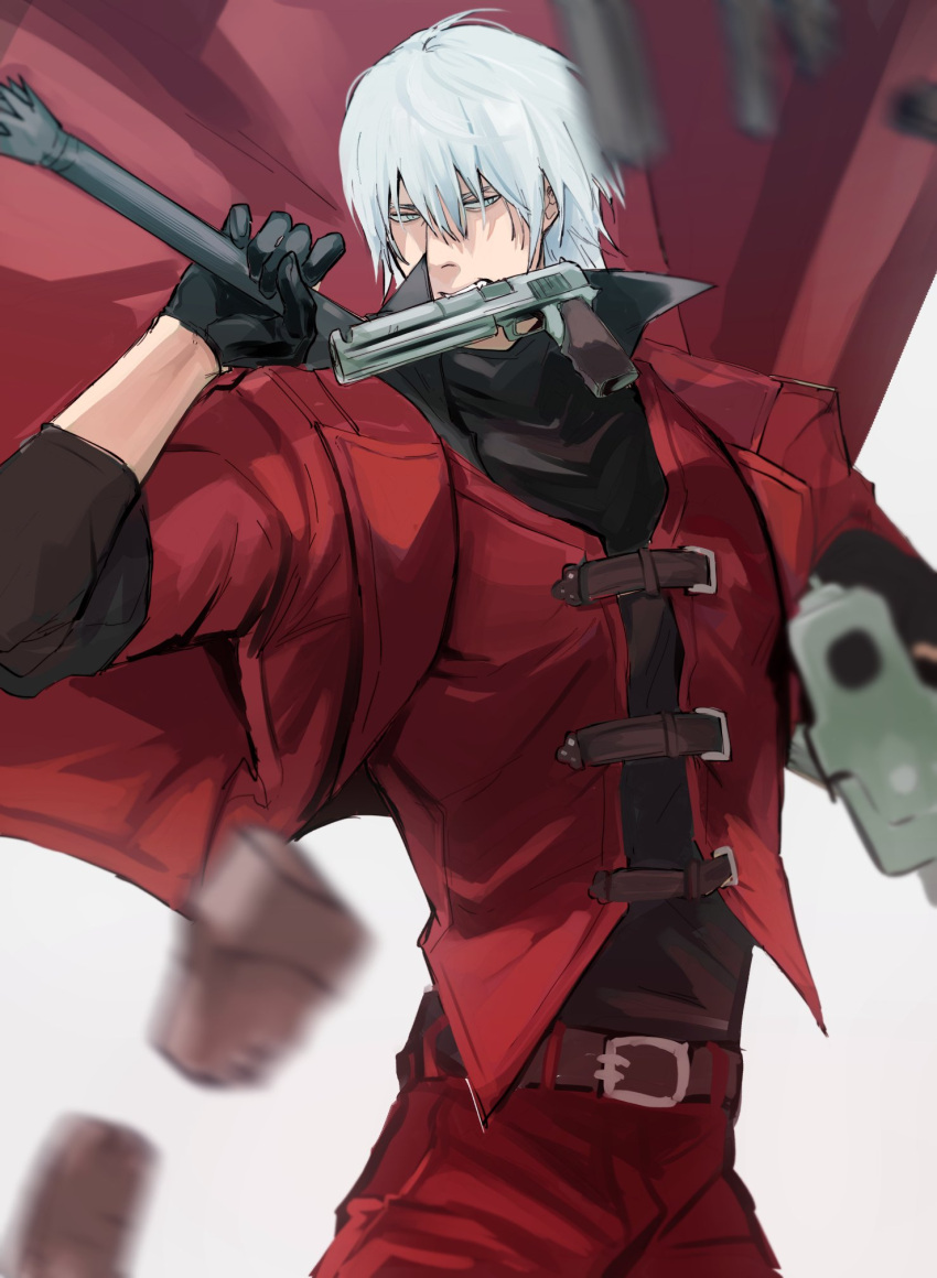 1boy, blue_eyes, coat, dante_(devil_may_cry), devil_may_cry_(anime), devil_may_cry_(series), ebony_&amp;_ivory, facial_hair, gloves, gun, gun_in_mouth, hair_between_eyes, highres, holding, holding_gun, holding_weapon, looking_at_viewer, male_focus, minooxxis, open_mouth, rebellion_(sword), red_coat, solo, stepping, stubble, weapon, white_hair