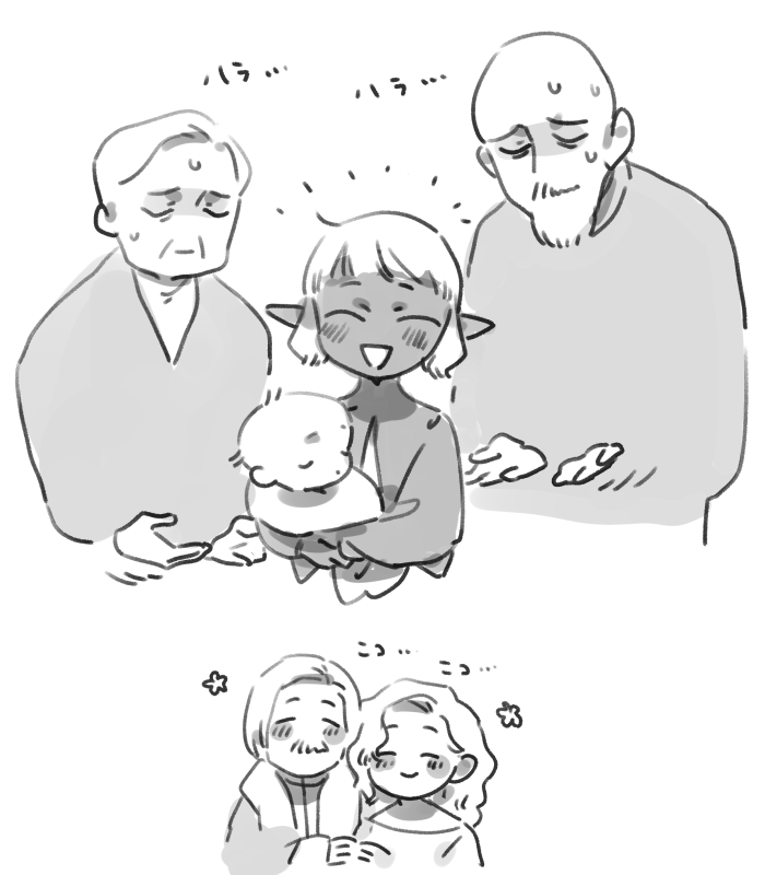 1girl, 5boys, ^_^, baby, baby_carry, bald, beard, beckoning