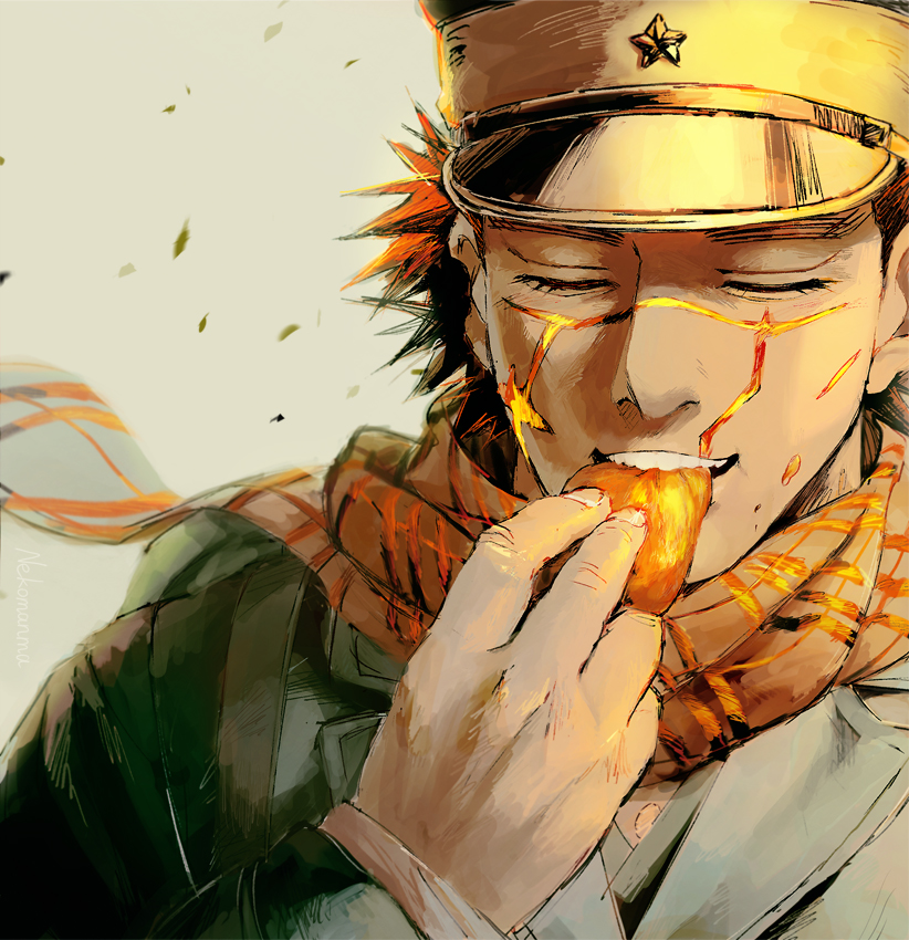 1boy, black_hair, closed_eyes, eating, facing_viewer, golden_kamuy, hat, imperial_japanese_army
