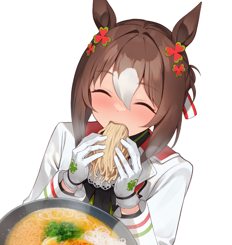 1girl, ai-generated_art_(topic), ai_drawing_anime_characters_eating_ramen_(meme), animal_ears, blush, brown_hair, closed_eyes, clover_hair_ornament