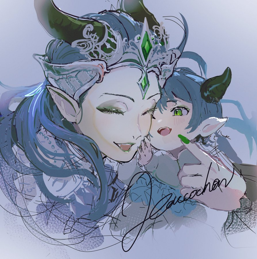 1boy, 1girl, :d, aged_down, baby, black_horns, blue_hair, closed_eyes, green_lips, green_nails, haccochon, horns, long_hair, malleus_draconia, meleanor_draconia, pointy_ears, short_hair, smile, tiara, twisted_wonderland, upper_body
