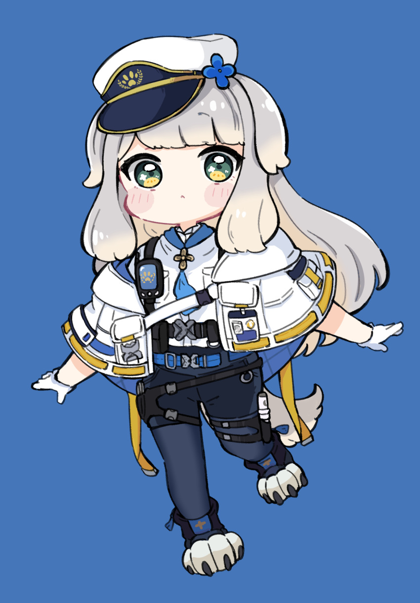 1girl, :<, animal_ears, black_pantyhose, black_shorts, blue_background, blush_stickers, capelet