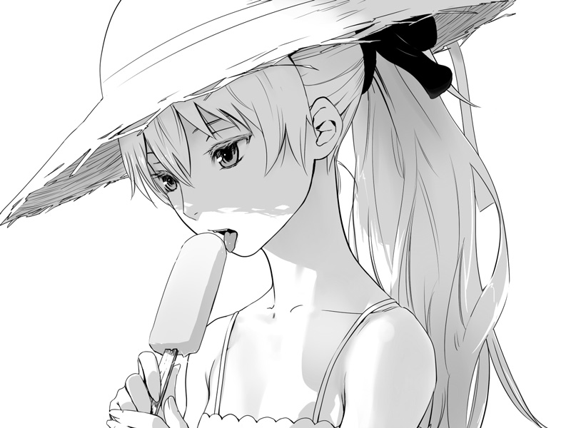bust, darker_than_black, face, hair_ribbon, hat, licking, long_hair, monochrome