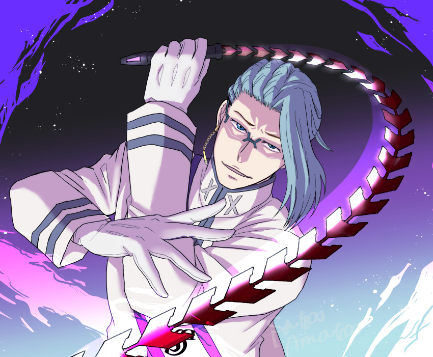 1boy, absurdres, blue_eyes, bucchigiri?!, coat, earrings, glasses, gloves