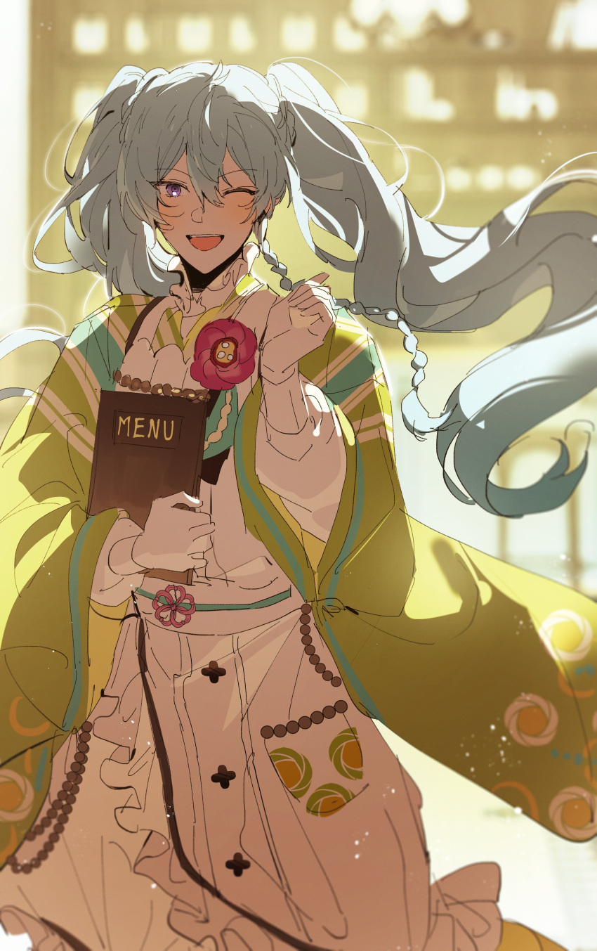 1boy, absurdres, alternate_costume, apron, blue_hair, blush, braid, eichi_turnr