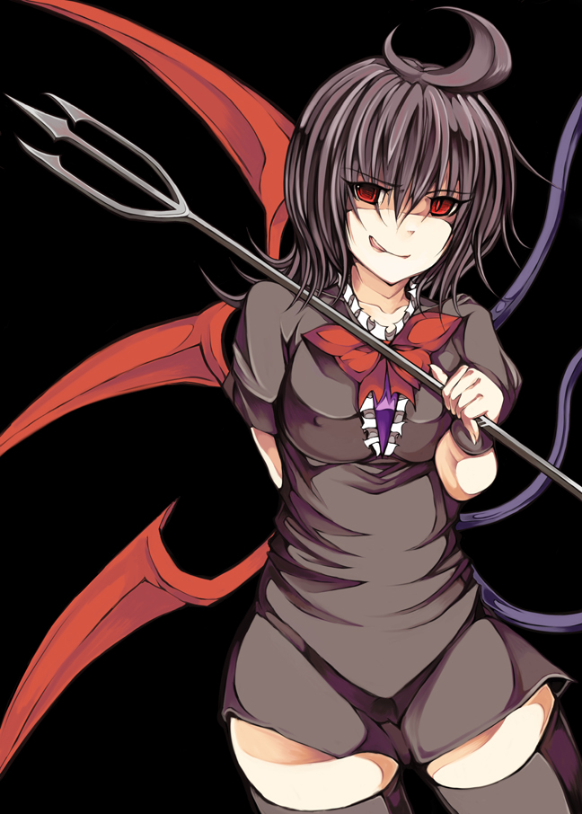 asymmetrical_wings, bad_id, black_hair, black_legwear, black_thighhighs, houjuu_nue, momopoppo, polearm