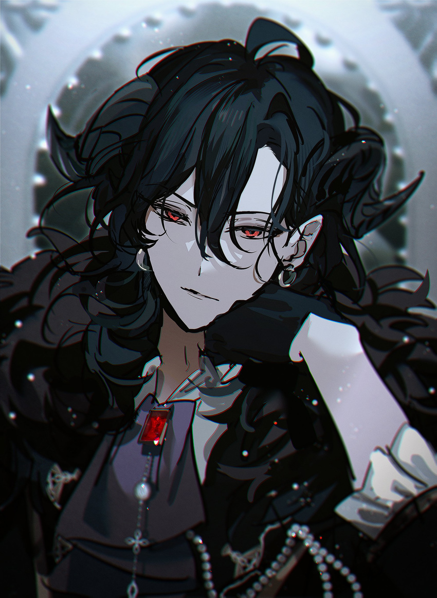 1boy, absurdres, ascot, black_ascot, black_gloves, black_hair, black_jacket, demon_boy