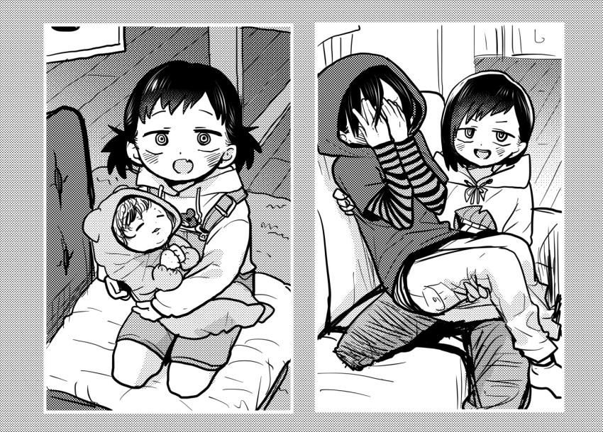 1boy, 1girl, @_@, age_progression, baby, blush, boku_no_kokoro_no_yabai_yatsu, brother_and_sister, carrying, comparison, couch, covering_face, embarrassed, fang, greyscale, hands_on_own_face, holding_baby, hood, hood_up, hoodie, ichikawa_kana, ichikawa_kyoutarou, indoors, looking_at_viewer, monochrome, official_art, princess_carry, sakurai_norio, shirt, short_hair, short_twintails, siblings, skin_fang, smile, striped_clothes, striped_shirt, twintails
