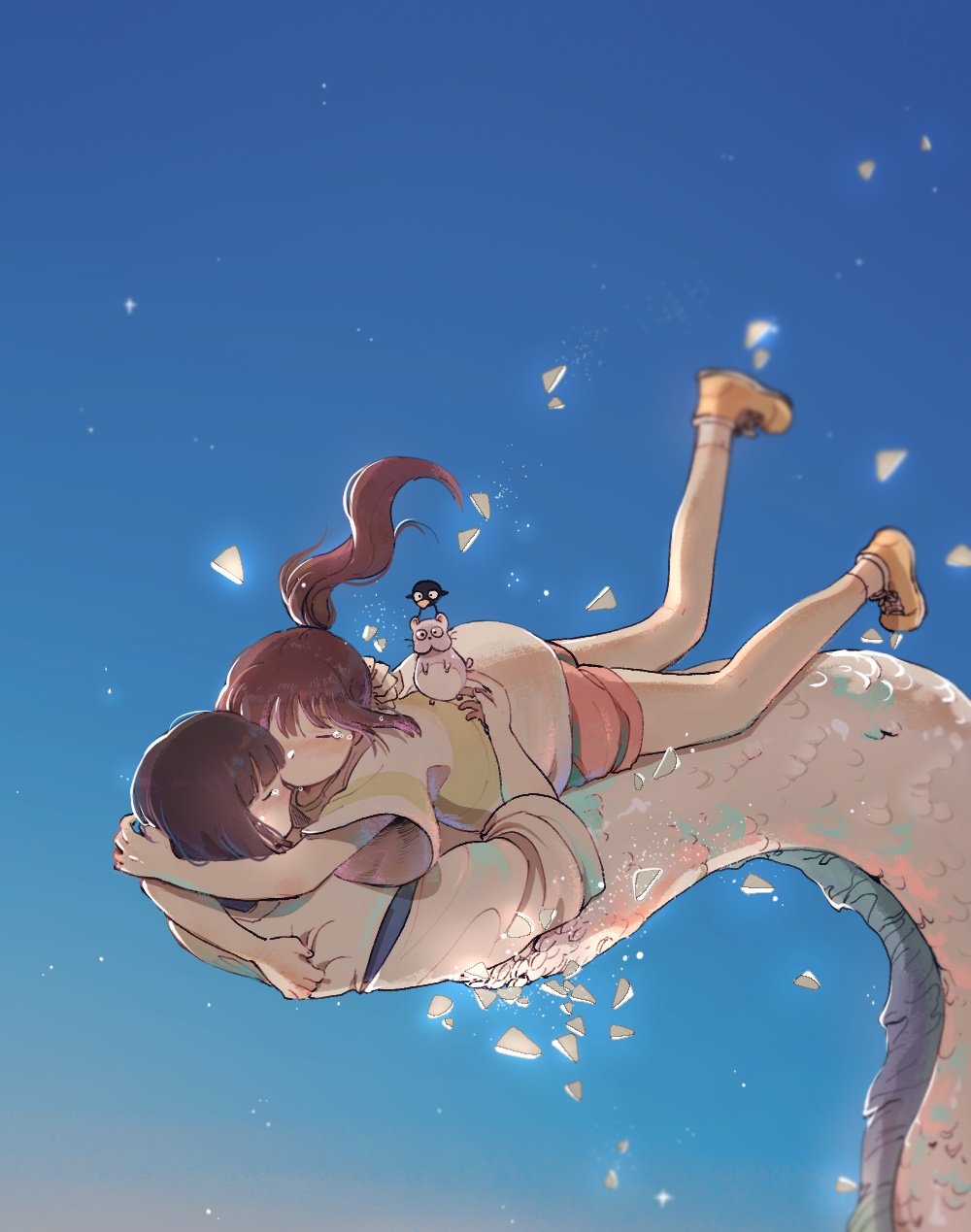1boy, 1girl, bird, black_hair, blue_sky, blunt_bangs, blurry, bob_cut