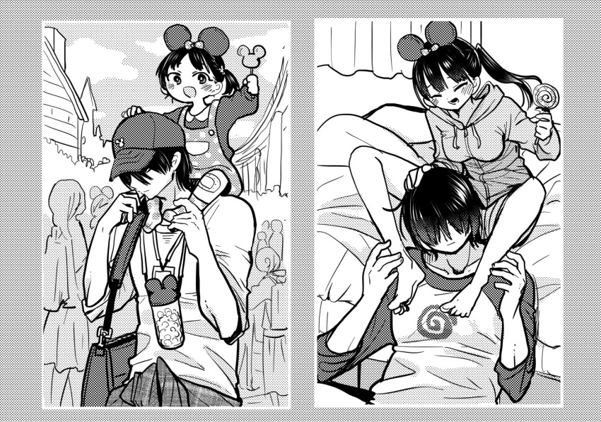 1boy, 1girl, age_progression, bag, bandaid, bandaid_on_knee, bandaid_on_leg, barefoot