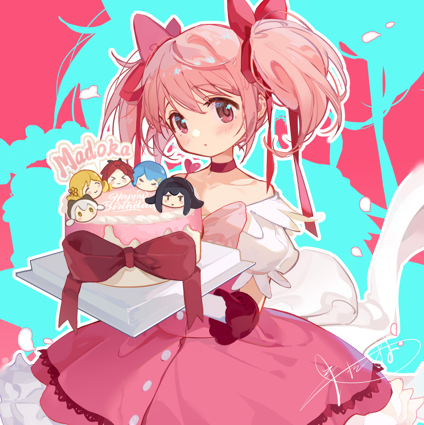 1girl, :o, absurdres, akemi_homura, alternate_costume, bare_shoulders, birthday_cake, blue_background