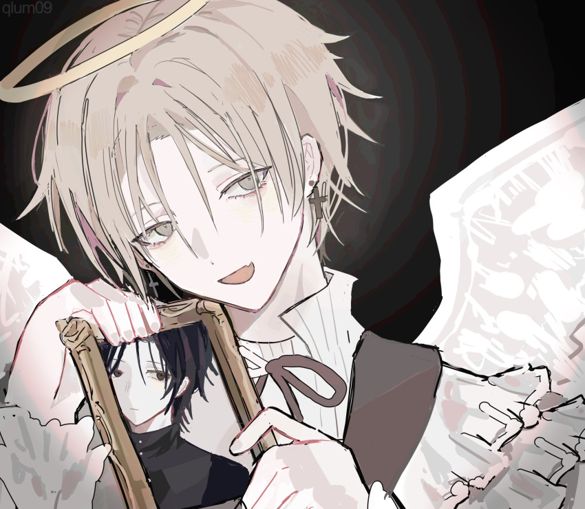 2boys, agape_(shtdn), angel_wings, black_eyes, black_hair, cross, cross_earrings, earrings, fang, feathered_wings, goyou_(shtdn), grey_eyes, grey_hair, halo, highres, jewelry, looking_at_viewer, male_focus, multiple_boys, open_mouth, picture_frame, qlum09, shirt, short_hair, shtdn, skin_fang, smile, twitter_username, white_shirt, wings