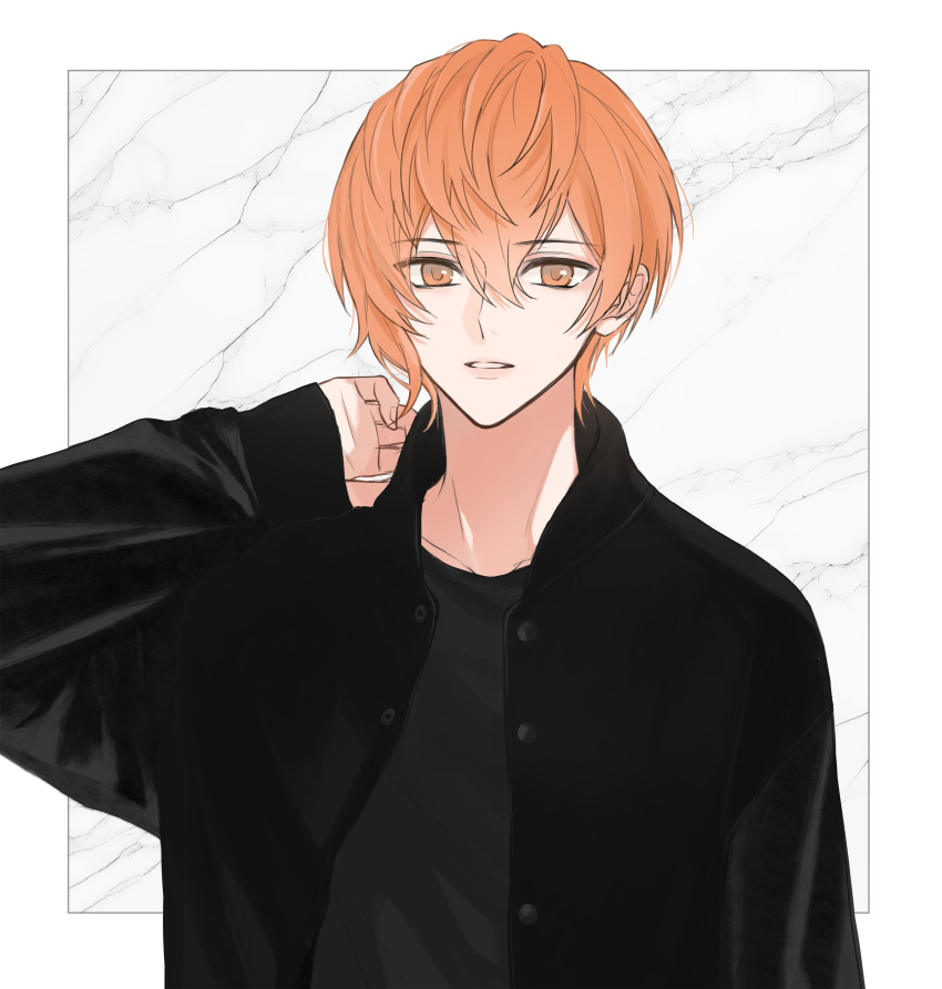 1boy, absurdres, alternate_costume, black_jacket, black_shirt, grey_background, hand_on_own_neck, highres