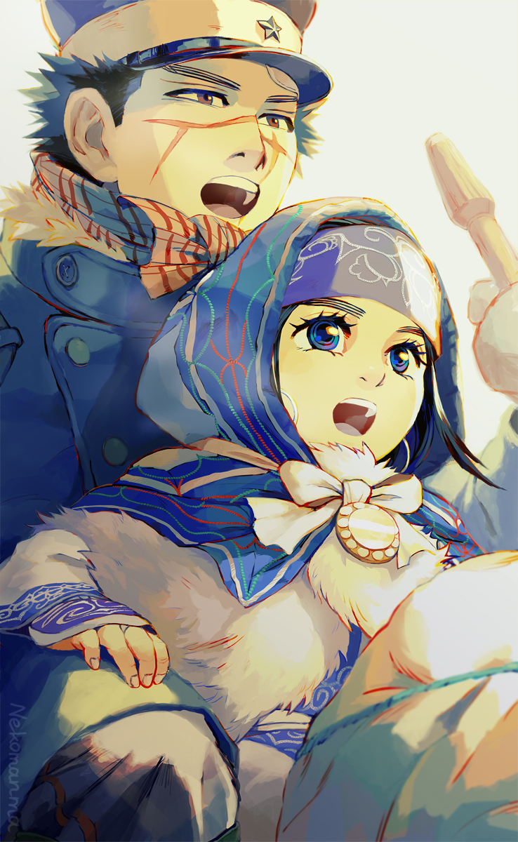 1boy, 1girl, :d, :o, asirpa, black_hair, black_pants, blue_coat