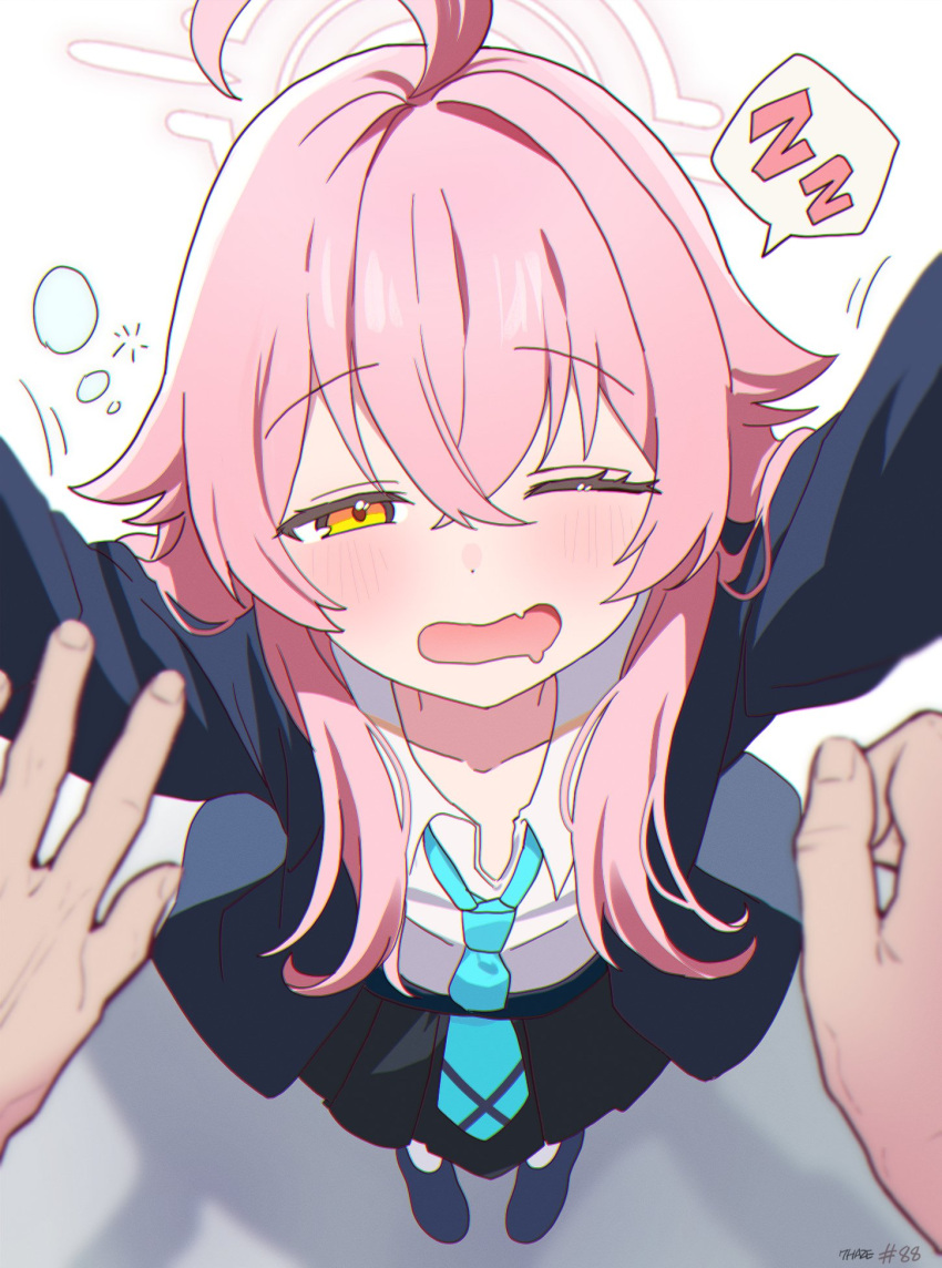 1girl, 1other, ahoge, black_jacket, black_skirt, blue_archive, blue_necktie, blush