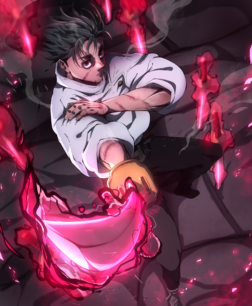 1boy, absurdres, black_eyes, black_hair, danlc2001, energy, highres, holding, holding_sword, holding_weapon, jujutsu_kaisen, katana, looking_at_viewer, okkotsu_yuuta, scar, scar_on_arm, scar_on_face, shirt, solo, sword, weapon, white_shirt