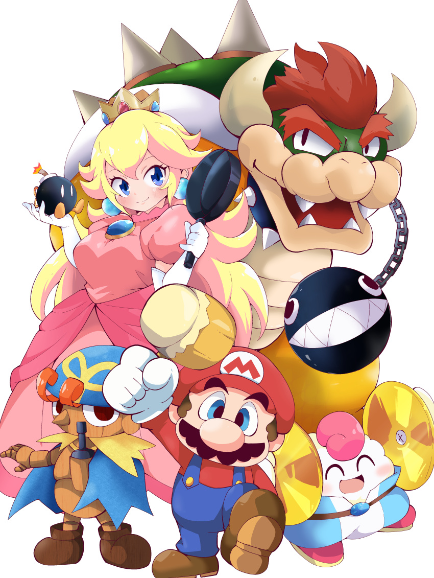 1girl, 4boys, absurdres, blonde_hair, blue_cape, blue_eyes, blue_headwear, bob-omb