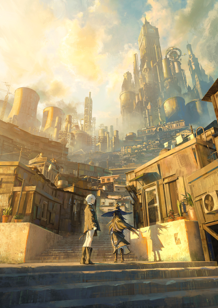 1boy, 1girl, absurdres, air_conditioner, black_coat, black_footwear, black_hair, black_robe, blue_sky, boots, building, clouds, coat, cooling_tower, evening, gyoukan_(jfxc), hat, highres, original, outdoors, pants, powerplant, robe, scenery, shadow, sky, stairs, standing, tower, white_hair, white_pants, witch, witch_hat