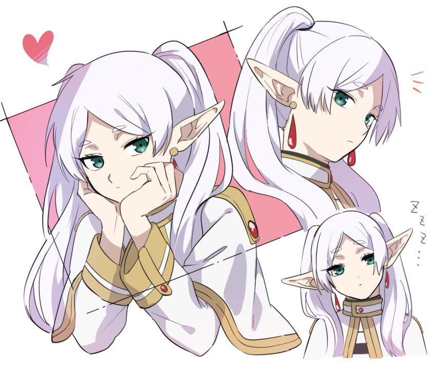 1girl, aqua_eyes, capelet, closed_mouth, cropped_torso, earrings, elf, expressionless, frieren, hair_over_shoulder, hands_on_own_cheeks, hands_on_own_face, hands_up, head_rest, head_tilt, heart, jewelry, long_hair, long_sleeves, looking_at_viewer, multiple_views, pointy_ears, poteke, shirt, sideways_glance, sousou_no_frieren, striped_clothes, striped_shirt, twintails, white_background, white_capelet, white_hair