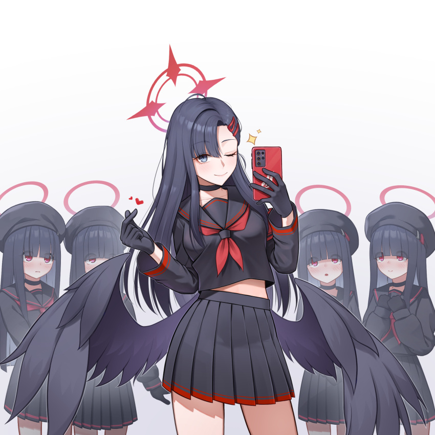 5girls, beret, black_choker, black_gloves, black_hair, black_wings, blue_archive, blush