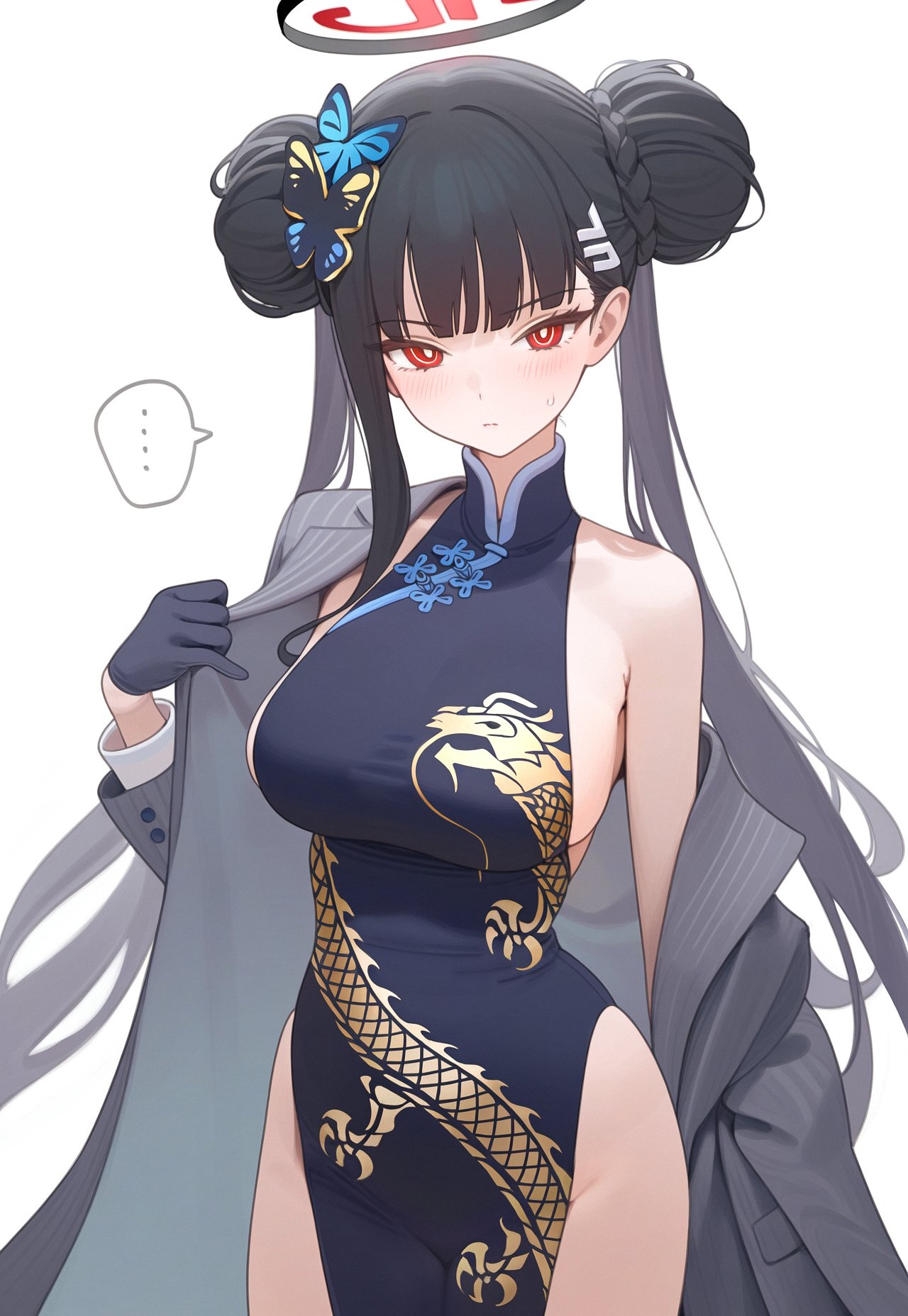1girl, black_hair, blue_archive, blush, breasts, butterfly_hair_ornament, chinese_clothes, cosplay, double_bun, gloves, hair_bun, hair_ornament, halo, highres, kisaki_(blue_archive), kisaki_(blue_archive)_(cosplay), poki_(j0ch3fvj6nd), red_eyes, rio_(blue_archive), simple_background, suit, sweatdrop, white_background