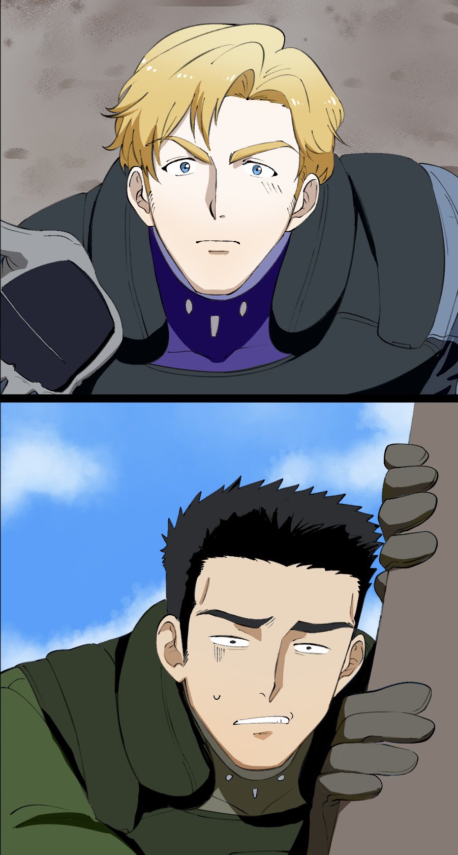 2boys, anime_coloring, ao_isami, black_hair, blonde_hair, bodysuit, constricted_pupils, facial_hair