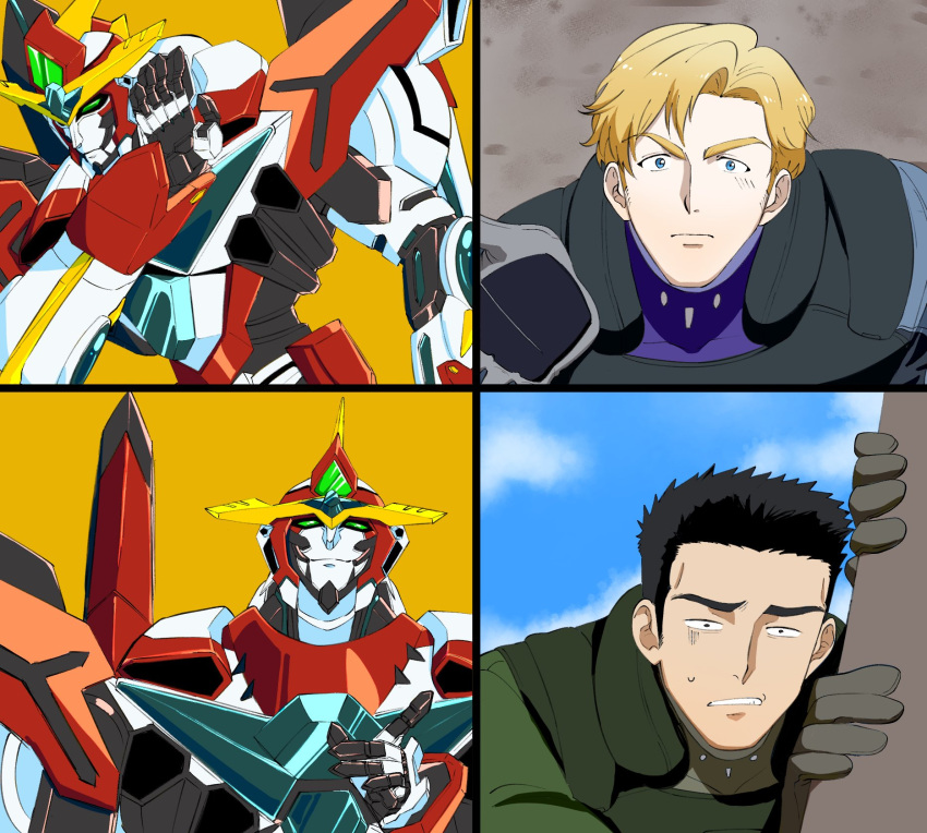 3boys, anime_coloring, ao_isami, black_hair, blonde_hair, bodysuit, bravern, constricted_pupils