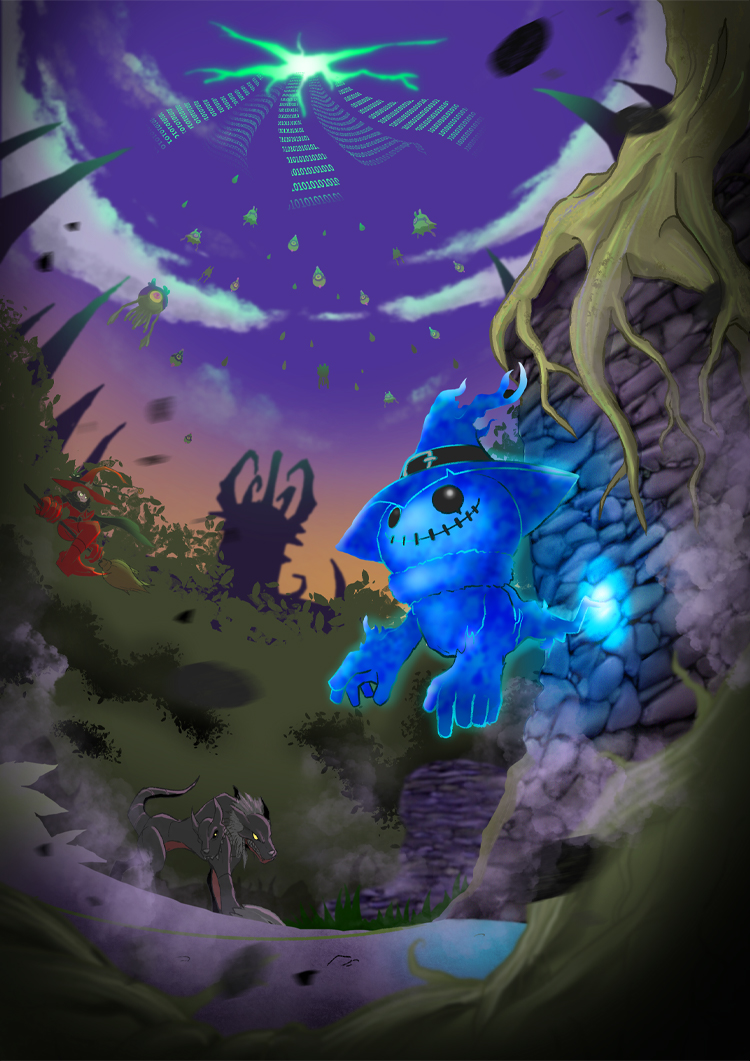 algomon_baby_i, algomon_baby_ii, algomon_child, antennae, belt, cerberumon, clouds, digimon, digimon_(creature), floating, ghostmon, hat, monster, multicolored_eyes, official_art, red_eyes, sky, smile, spikes, tentacles, tree, witchmon, yellow_eyes