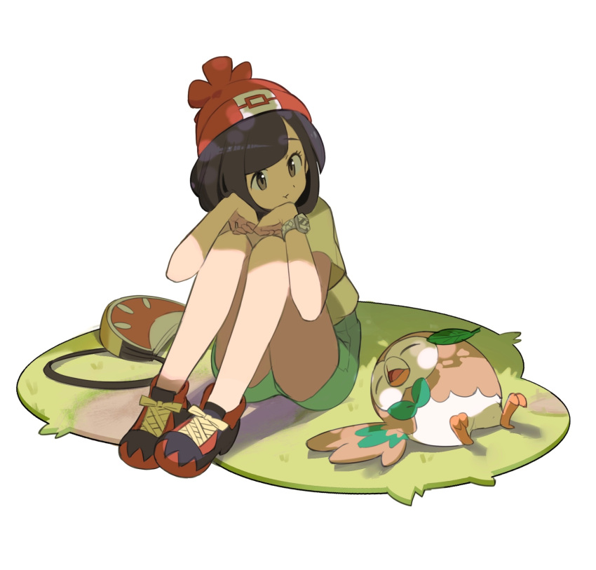 1girl, =_(9_yawbus), black_hair, dappled_sunlight, faux_figurine, grass, green_shorts, grey_eyes