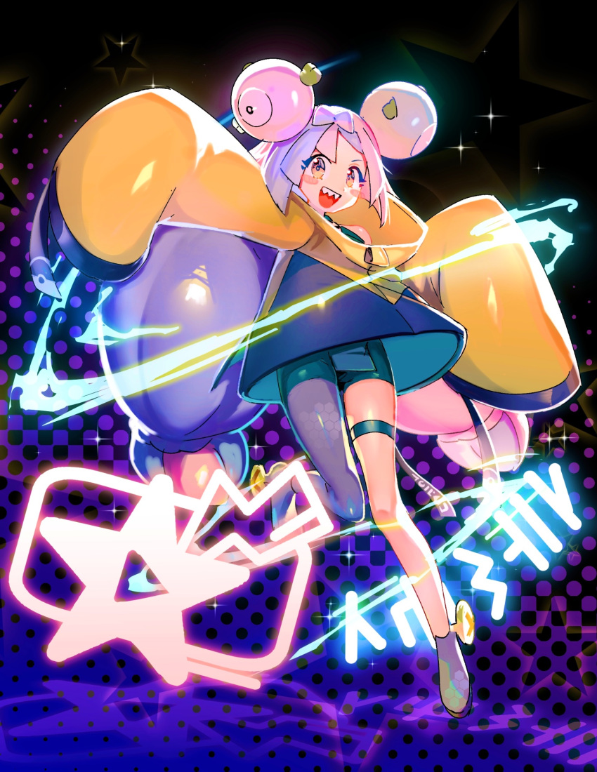 1girl, :d, =_(9_yawbus), asymmetrical_legwear, blue_hair, blush_stickers, floating, full_body