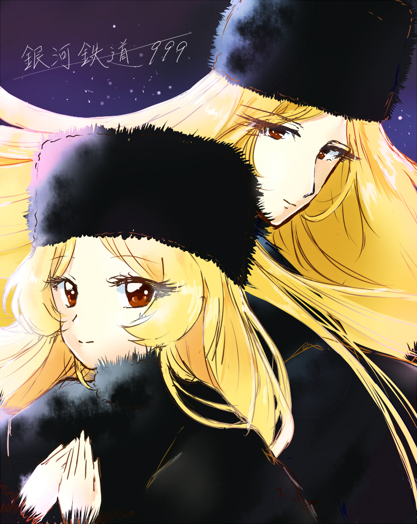 2girls, a_(user_reym2375), black_coat, black_headwear, blonde_hair, brown_eyes, coat, copyright_name