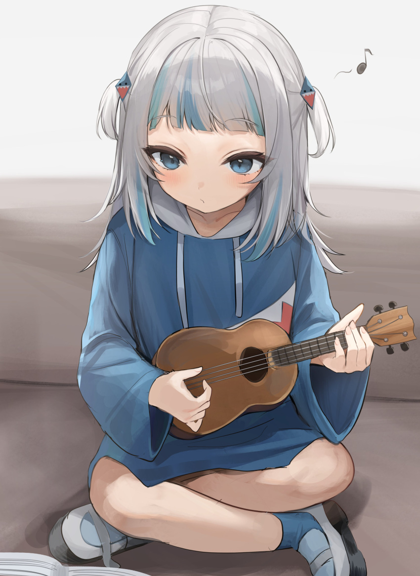 1girl, absurdres, animal_costume, blue_eyes, blue_hair, blue_hoodie, blush, closed_mouth