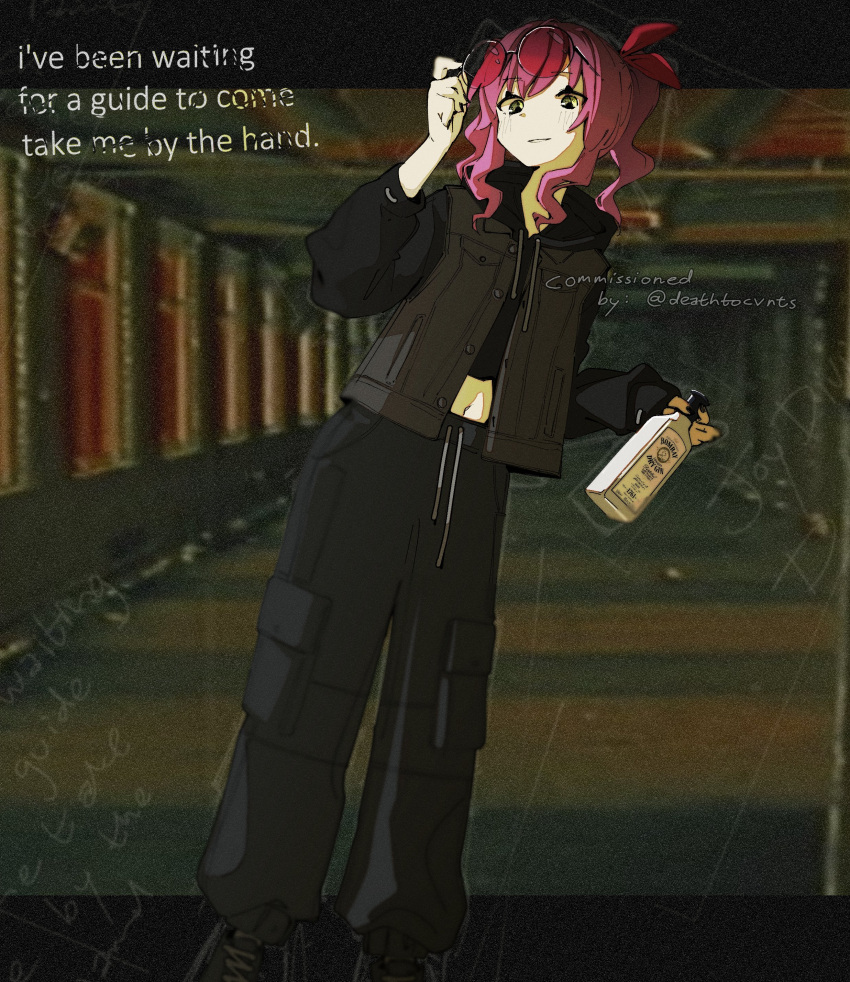 1girl, absurdres, black_hoodie, bottle, brown_vest, cargo_pants, character_request, commission