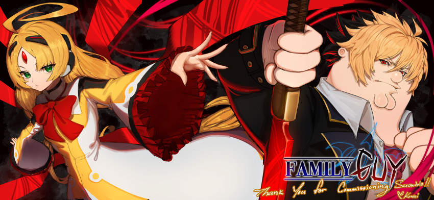 1boy, 1girl, absurdres, ahoge, black_hair, black_jacket, blonde_hair, bow