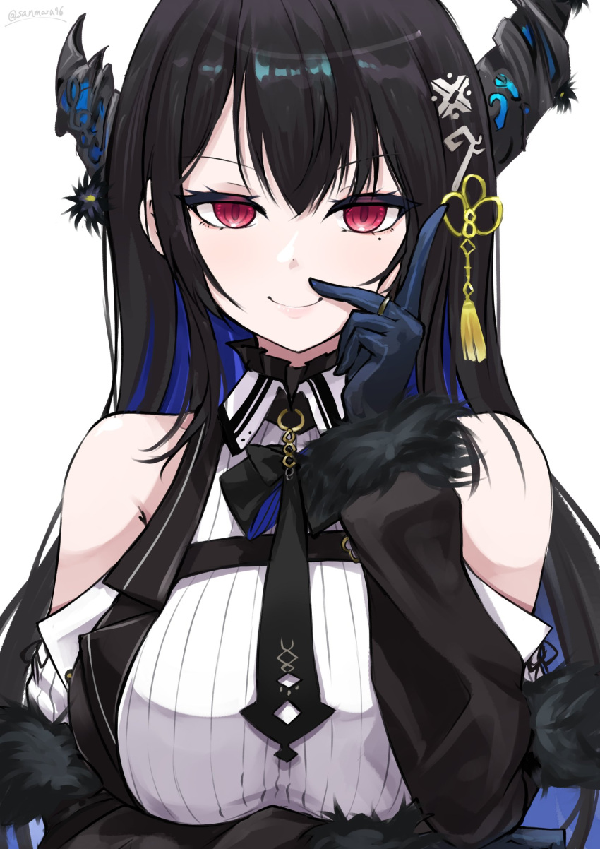 1girl, asymmetrical_horns, bare_shoulders, black_hair, blue_hair, colored_inner_hair, demon_horns, gloves