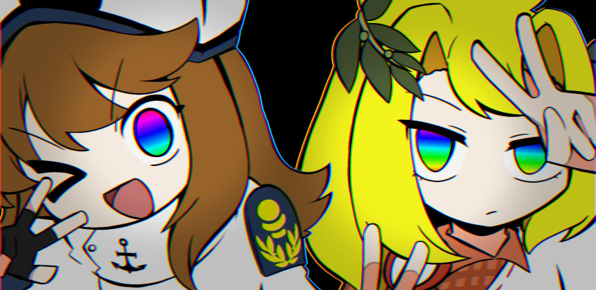 >_o, 2girls, :/, anchor_print, black_background, black_gloves, blonde_hair, brown_hair, coat, commentary_request, double_v, expressionless, feza_(wonderful_waking_world), fingerless_gloves, gloves, half-closed_eyes, hand_up, hands_up, high_collar, highres, kouzui_nua, laurel_crown, long_hair, looking_at_viewer, multicolored_eyes, multiple_girls, needy_girl_overdose, one_eye_closed, open_mouth, parody, portrait, priswocaer, rainbow_eyes, shoulder_boards, side-by-side, sidelocks, simple_background, smile, v, w_over_eye, white_coat, wonderful_waking_world