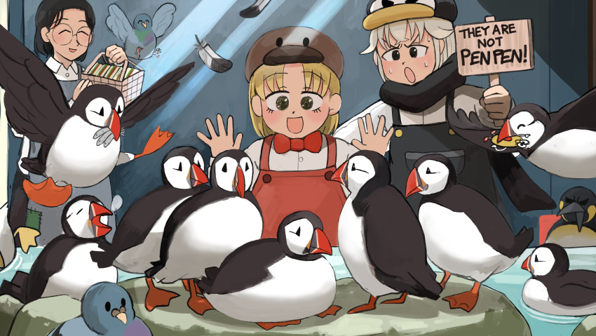 3girls, :d, :o, absurdres, atlantic_puffin, basket, bird, black_overalls