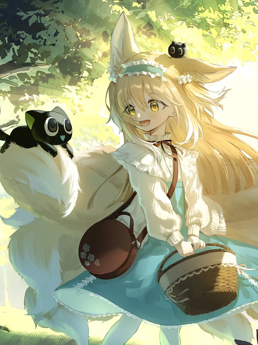 1girl, :d, animal, animal_on_tail, arknights, bag, basket, black_cat, blonde_hair, blue_hairband, blue_skirt, blunt_ends, blush, brown_bag, cardigan, cat, colored_tips, commentary_request, creature, creature_on_head, cross-laced_clothes, cross-laced_skirt, duplicate, extra_ears, frilled_hairband, frills, green_eyes, hairband, heixiu, holding, holding_basket, long_hair, long_sleeves, luo_xiaohei, luo_xiaohei_(cat), luo_xiaohei_zhanji, multicolored_hair, neck_ribbon, on_head, open_mouth, puffy_long_sleeves, puffy_sleeves, red_ribbon, ribbon, round_bag, sekai_noto, shirt, shoulder_bag, skirt, smile, two-tone_hair, white_cardigan, white_hair, white_shirt