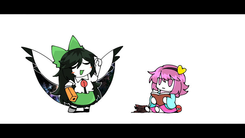 2girls, :|, arm_cannon, arm_up, black_hair, blue_shirt, blush_stickers, book, bow, cape, cat, closed_eyes, closed_mouth, egg, expressionless, green_bow, green_skirt, hair_bow, hair_ornament, hairband, hand_on_own_hip, heart, heart_hair_ornament, highres, holding, holding_book, holding_egg, jitome, kaenbyou_rin, kaenbyou_rin_(cat), komeiji_satori, letterboxed, long_hair, looking_at_another, multiple_girls, open_book, open_mouth, parody, pink_skirt, print_cape, priswocaer, purple_hair, reiuji_utsuho, shirt, short_sleeves, simple_background, sitting, skirt, smile, space_print, standing, starry_sky_print, third_eye, third_eye_on_chest, touhou, violet_eyes, weapon, white_background, white_cape, wide_sleeves, wings, yudetamago_yudemasu!!!!_(utau)