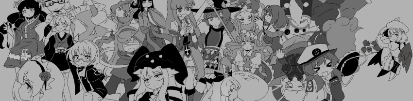>_<, 6+girls, @_@, ahoge, anchor_print, annotation_request, ascot, bandages