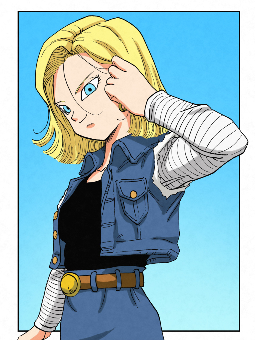 1girl, absurdres, android_18, aqua_eyes, arm_up, belt, blonde_hair, brown_belt